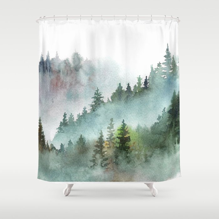 Watercolor Pine Forest Mountains in the Fog Shower Curtain
