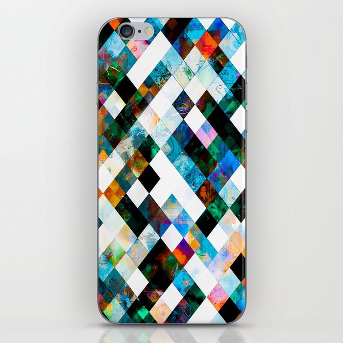 geometric pixel square pattern abstract background in green blue brown iPhone Skin