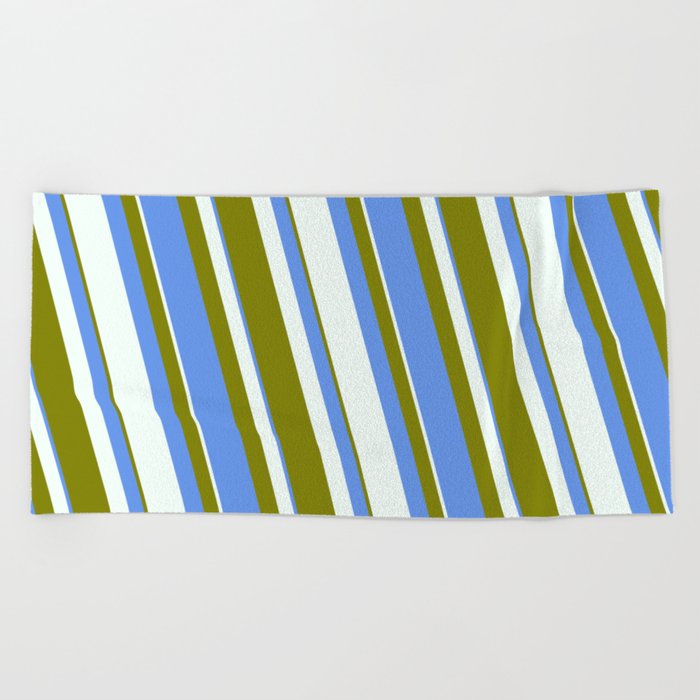 Mint Cream, Green & Cornflower Blue Colored Striped/Lined Pattern Beach Towel