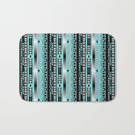 Abstract ethnic pattern in turquoise , black and white . Bath Mat