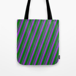 [ Thumbnail: Dark Orchid & Green Colored Lined/Striped Pattern Tote Bag ]