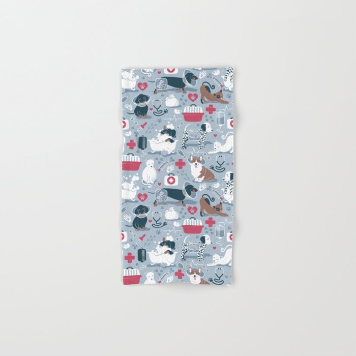 Veterinary medicine, happy and healthy friends // pastel blue background Hand & Bath Towel