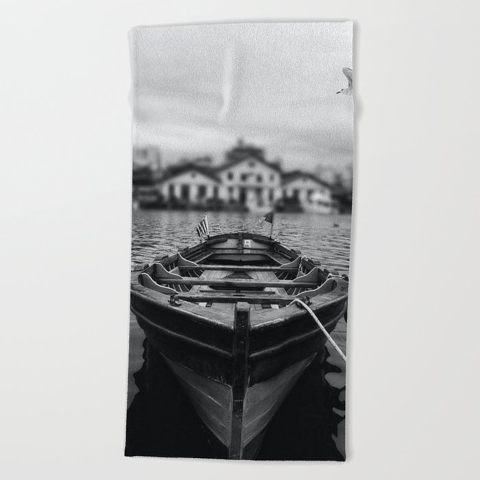 Ships in the blue harbor with seagull portrait black and white photograph / photography Beach Towel