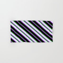 [ Thumbnail: Forest Green, Lavender, Dark Orchid, and Black Colored Striped Pattern Hand & Bath Towel ]
