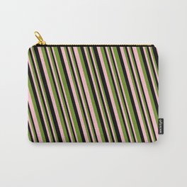 [ Thumbnail: Green, Pink, and Black Colored Striped Pattern Carry-All Pouch ]