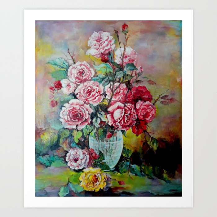 Vintage roses in glass vase Art Print