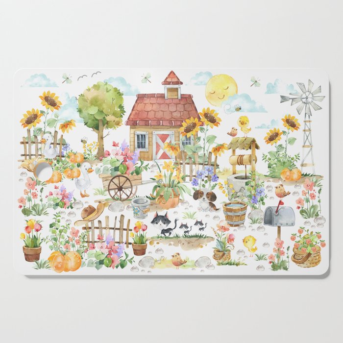 Watercolor Farmhouse Cottage Garden Cutting Board