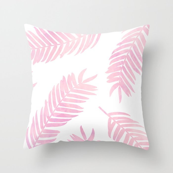 Pink Palm Leaves  |  White Background Throw Pillow