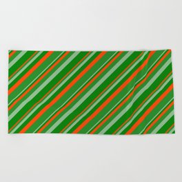 [ Thumbnail: Dark Sea Green, Green, Red & Forest Green Colored Lined/Striped Pattern Beach Towel ]