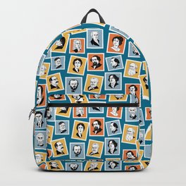 Some of great writers, poets and playwrights on stamps (in blue, grey, ochre and terracotta) Backpack