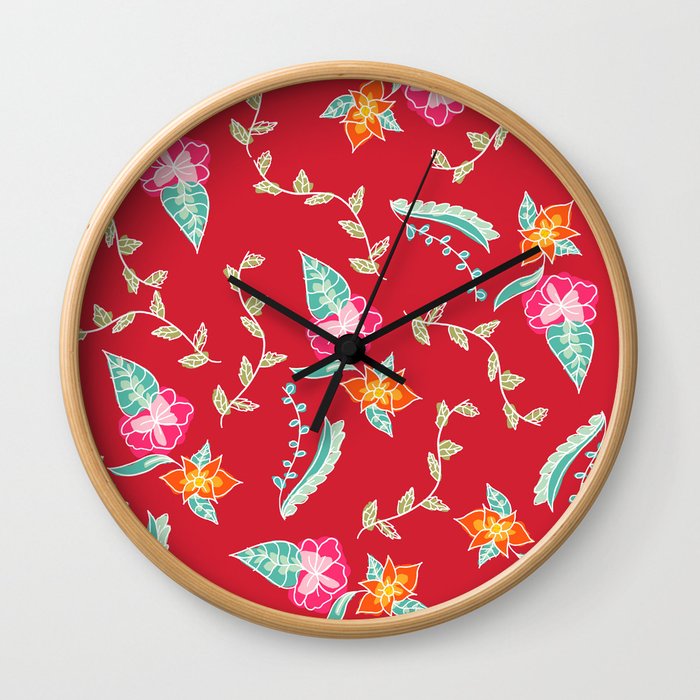Modern red scarlet floral pattern illustration Wall Clock