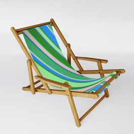 [ Thumbnail: Eye-catching Forest Green, Sea Green, Green, Pink & Blue Colored Lined/Striped Pattern Sling Chair ]