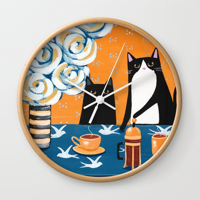 Orange and Blue French Press Cats Wall Clock