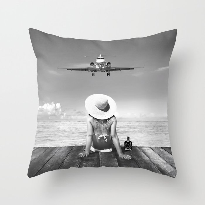 Tropical woman on a dock with absinthe bottle as plane lands black and white photograph Throw Pillow