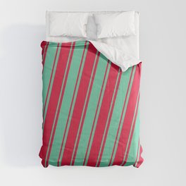 [ Thumbnail: Aquamarine and Crimson Colored Lined/Striped Pattern Comforter ]