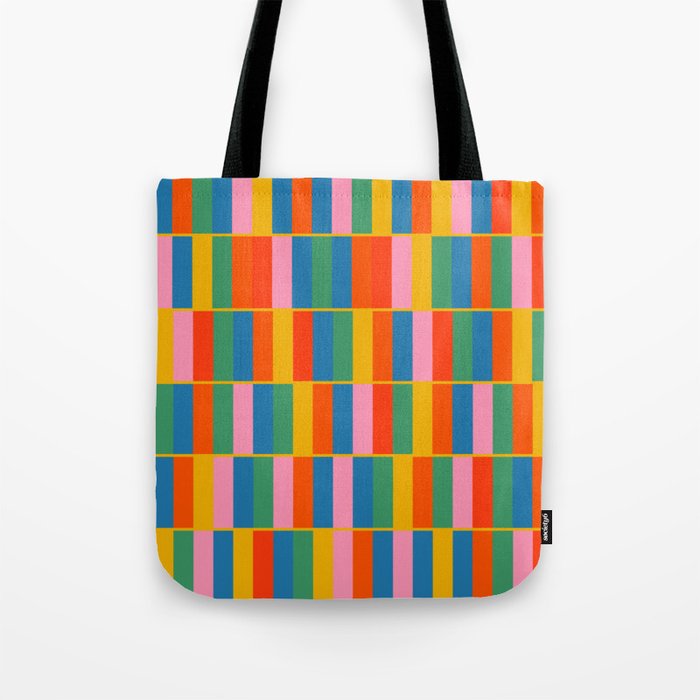 Long Blocks Colourful Geometric Check Pattern in Rainbow Pop Colors Tote Bag