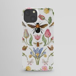Antique Hand Painted Bees And Flowers - Floral Botanical Collage iPhone Case