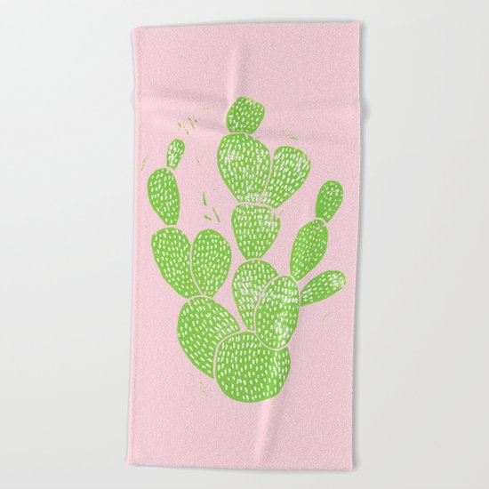 Linocut Cactus #1 Minty Pinky Beach Towel