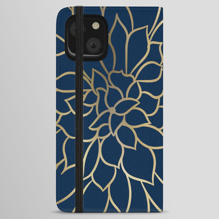 Floral Prints, Line Art, Navy Blue and Gold iPhone Wallet Case