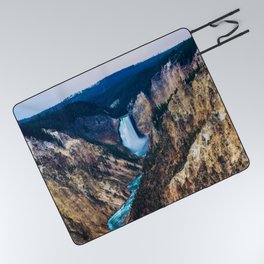 Lower Falls - Rainy Evening at the Grand Canyon of the Yellowstone in Yellowstone National Park Picnic Blanket