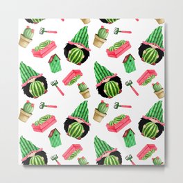 Watermelon and Gnomes Gardening Pattern Metal Print