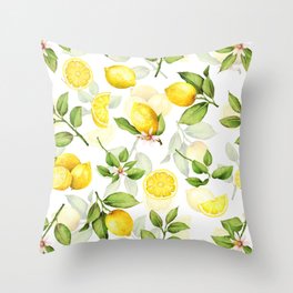 mediterranean summer lemon branches on white Throw Pillow