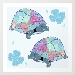 Blue Floral Shell Turtles Art Print