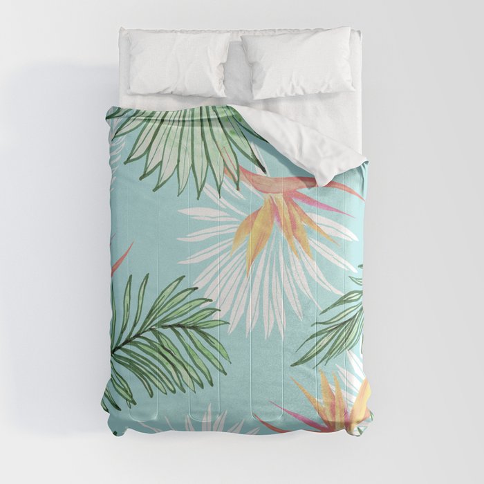 Tropic Palm, Bird of Paradise Pastel Colorful Botanical Illustration, Tropical Bohemian Jungle Comforter