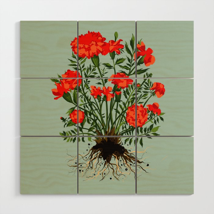 Mexican Marigold Plant Painting in Sage Green Wood Wall Art