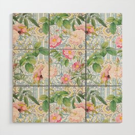 Mediterranean Vintage Summer Blue Tiles And Roses Blossoms Wood Wall Art