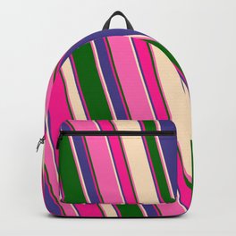 [ Thumbnail: Eye-catching Deep Pink, Dark Slate Blue, Bisque, Hot Pink, and Dark Green Colored Stripes Pattern Backpack ]
