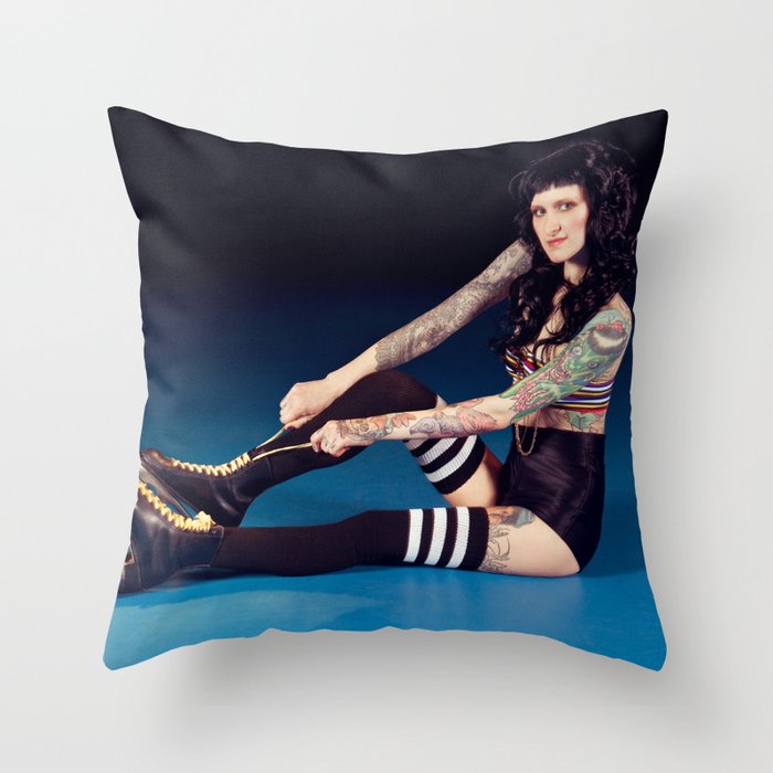 Tattooed Woman in Roller Skates Throw Pillow