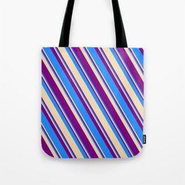 [ Thumbnail: Blue, Tan, and Purple Colored Striped Pattern Tote Bag ]