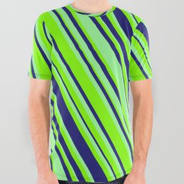 [ Thumbnail: Midnight Blue, Green & Chartreuse Colored Lined/Striped Pattern All Over Graphic Tee ]