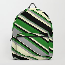 [ Thumbnail: Forest Green, Dark Grey, Light Yellow, and Black Colored Pattern of Stripes Backpack ]