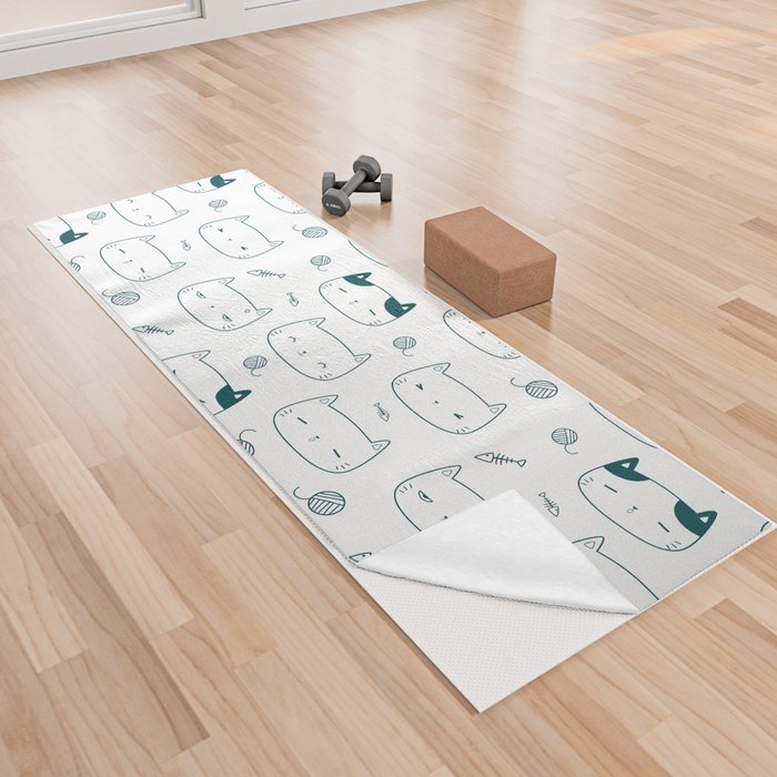 Teal Blue Doodle Kitten Faces Pattern Yoga Towel