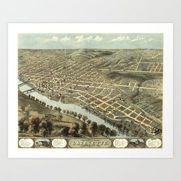 Vintage Pictorial Map of Lafayette Indiana (1868) Art Print | Drawing, Atlas, Antique, Lafayetteinmap, Lafayettemap, History, Vintage, Lafayettehistory, Indiana, Cartograph 