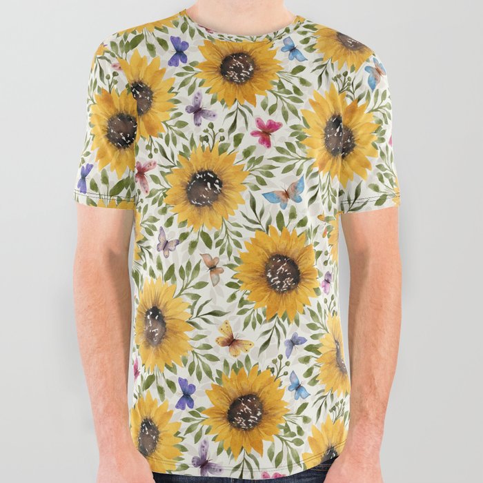 Watercolor Sunflowers and Butterflies | Golden Summer Floral All Over Graphic Tee