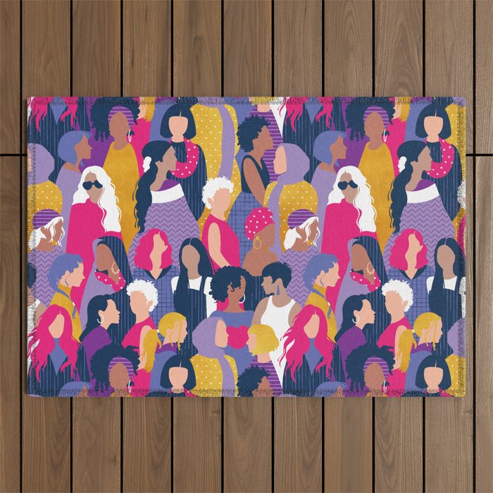 Every day we glow International Women's Day // midnight navy blue background purple, violet, very peri fuchsia pink and gold humans  Outdoor Rug