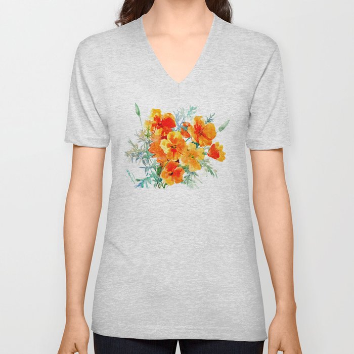 California Poppy V Neck T Shirt