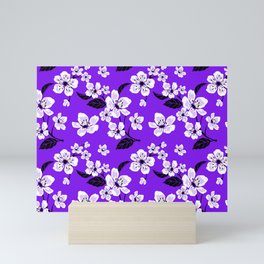 Light Purple & White Sakura Cherry Tree Flower Blooms on Dark Purple - Aloha Hawaiian Floral Pattern Mini Art Print