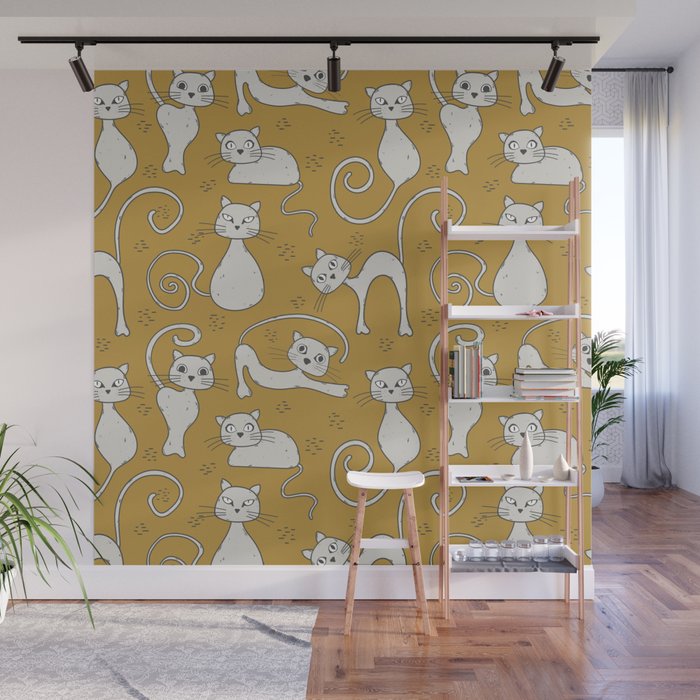 Mustard yellow and off-white cat pattern Wall Mural