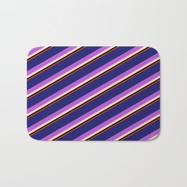 [ Thumbnail: Vibrant Midnight Blue, Orchid, Beige, Black, and Red Colored Striped/Lined Pattern Bath Mat ]