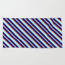 [ Thumbnail: Turquoise, Midnight Blue, and Red Colored Lines Pattern Beach Towel ]