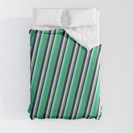 [ Thumbnail: Sea Green, Midnight Blue, Beige & Cyan Colored Lines Pattern Duvet Cover ]