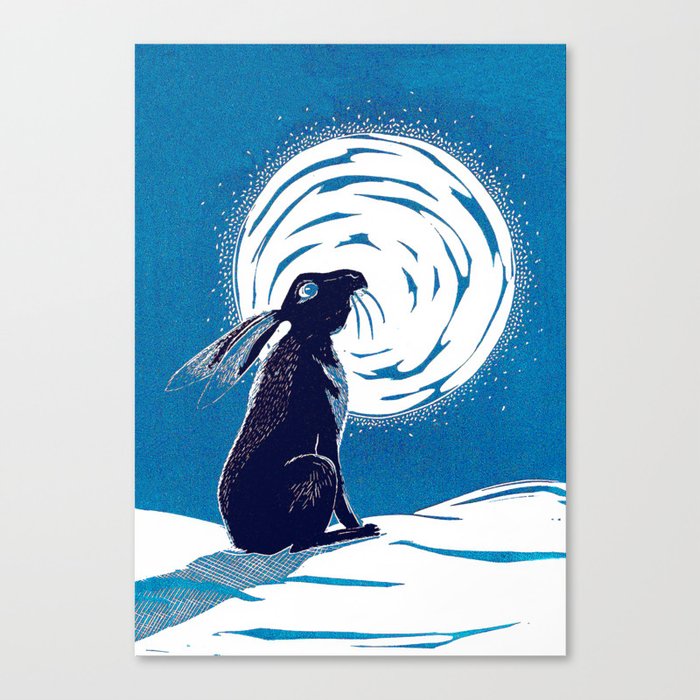 Moon Gazing Hare in Frosty Blue Canvas Print
