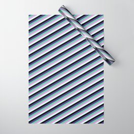 [ Thumbnail: Eye-catching Dark Slate Blue, Aquamarine, Plum, Light Cyan & Black Colored Striped Pattern Wrapping Paper ]