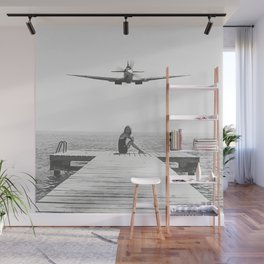Steady As She Goes; aircraft coming in for an island landing black and white photography- photographs Wall Mural
