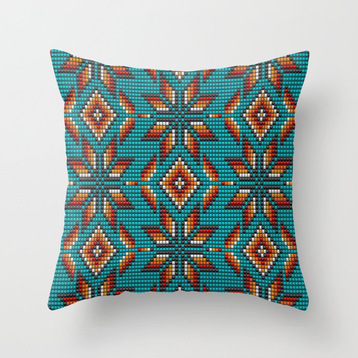 Modern colorful beaded boho aztec kilim pattern on teal Throw Pillow