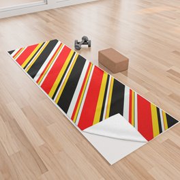 [ Thumbnail: Yellow, Red, Mint Cream, and Black Colored Pattern of Stripes Yoga Towel ]